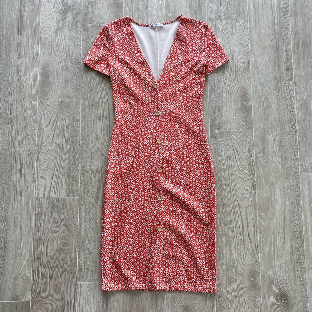ZARA red flora short sleeve summer bodycon dress